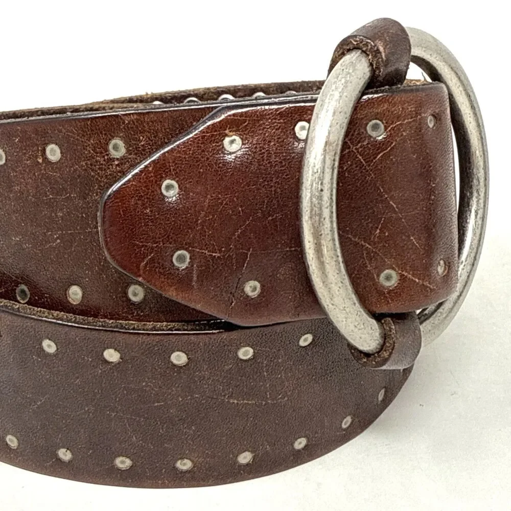 J Crew Rivet Adjustable O Ring Belt Womens S/M Brown VTG Wide Studs Leather